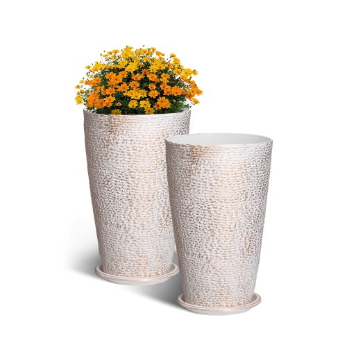 VEVOR Set of 2 Tall Outdoor Planters 21" H, Round Large Planters for Front Porch and Patio, Stone Finish Flower Tree Plant Pots