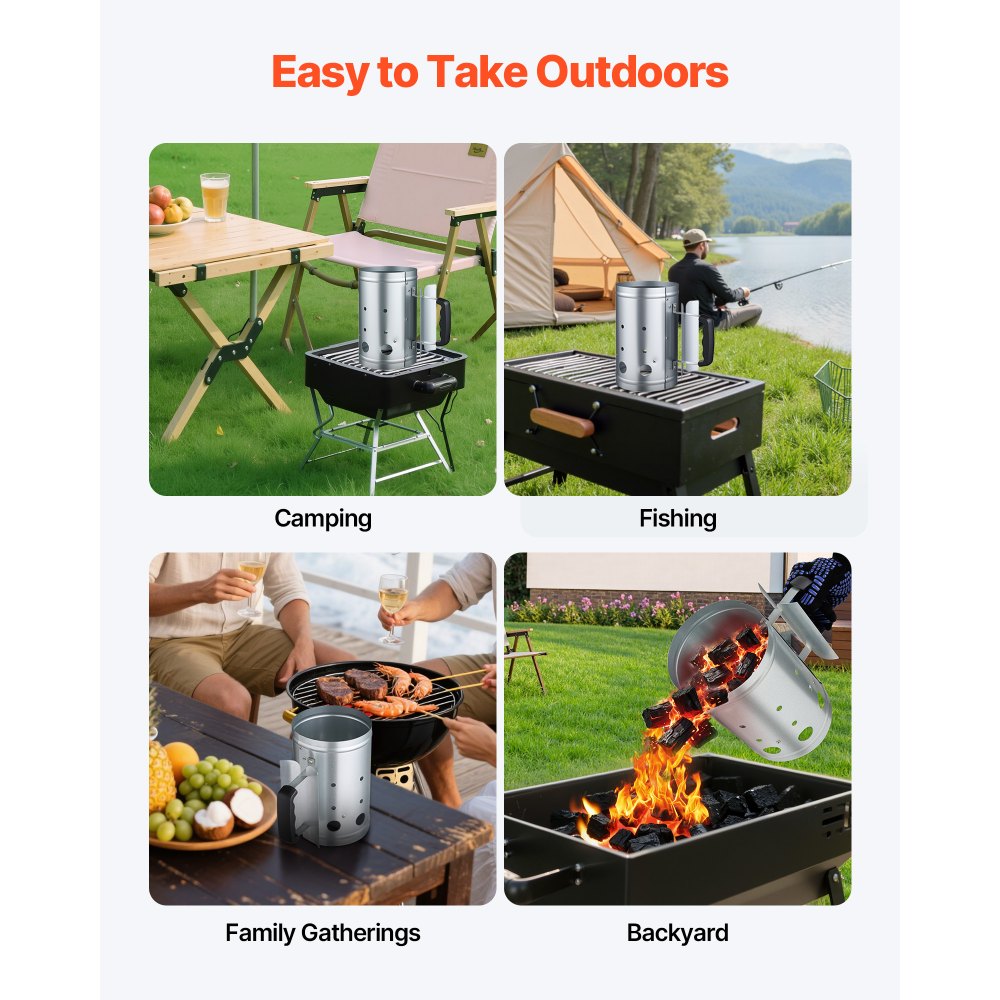 VEVOR Charcoal Chimney Starter, 1.8kg Large Capacity Coal Fireplace, Heavy Duty BBQ Steel Chimney Starter for Charcoal Grill and Barbecues, Compact On-the-Go Carbon Lighter and BBQ Grill Tool, Silver