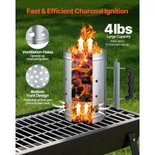 Charcoal Chimney Starter Heavy Duty Steel 4 lbs Capacity BBQ Grill Fireplace