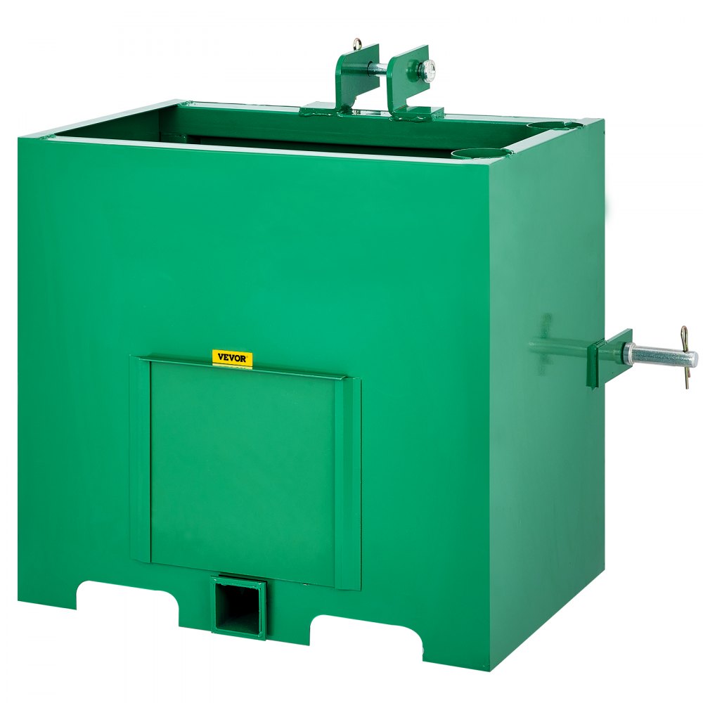 green VEVOR 3 point ballast box with attachment hooks and safety pins.