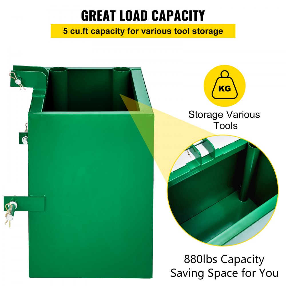 VEVOR 3 Point Ballast Box, 800lbs Capacity Hitch Ballast Box, Standard 2'' Hitch Receiver, Tractor Ballast Box with 5cu.ft Volume, Heavy Duty Steel, Fits Category 1 Tractor Attachment,Green