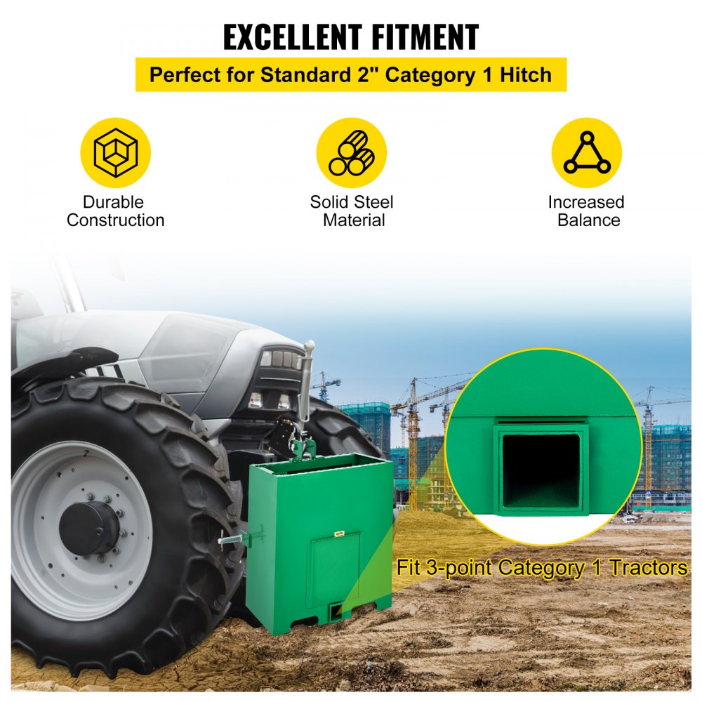 VEVOR 3 Point Ballast Box, 800lbs Capacity Hitch Ballast Box, Standard 2'' Hitch Receiver, Tractor Ballast Box with 5cu.ft Volume, Heavy Duty Steel, Fits Category 1 Tractor Attachment,Green