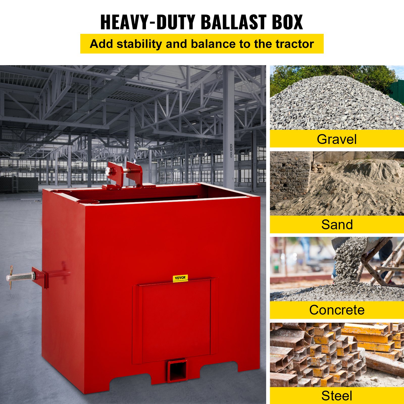 VEVOR Ballast Box 360 kg Capacity for 3 Point Category 1 Tractor Attachments