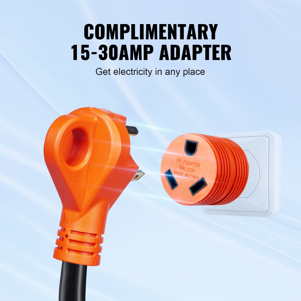 VEVOR 25 ft RV Extension Cord, 30 Amp, Heavy Duty STW RV Power Cord, NEMA TT-30R Female NEMA TT-30P Male Plug, with LED Indicator Handle 15A Adapter, for RVs, trams, generators, campers, ETL Listed
