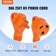 VEVOR 25 ft RV Extension Cord, 30 Amp, Heavy Duty STW RV Power Cord, NEMA TT-30R Female NEMA TT-30P Male Plug, with LED Indicator Handle 15A Adapter, for RVs, trams, generators, campers, ETL Listed