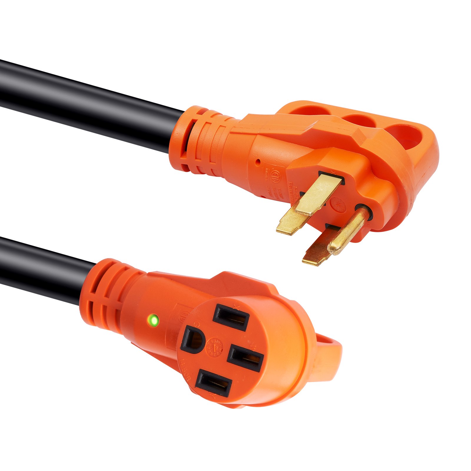 VEVOR 15 ft RV Extension Cord, 50 Amp, Heavy Duty STW RV Power Cord, NEMA 14-50R Female NEMA 14-50P Male Plug, with LED Indicator Handle 15A Adapter, for RVs, trams, generators, campers, ETL Listed
