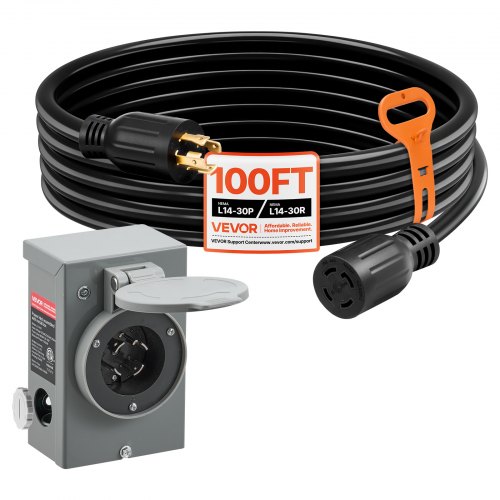 VEVOR 30 Amp Generator Cord and Power Inlet Box, 100 FT, 125/250V NEMA L14-30P to L14-30R Heavy Duty Extension Power Cord, SJTW 10AWG 7500W, Pre-Drilled Inlet Box, for Generator to House, ETL Listed