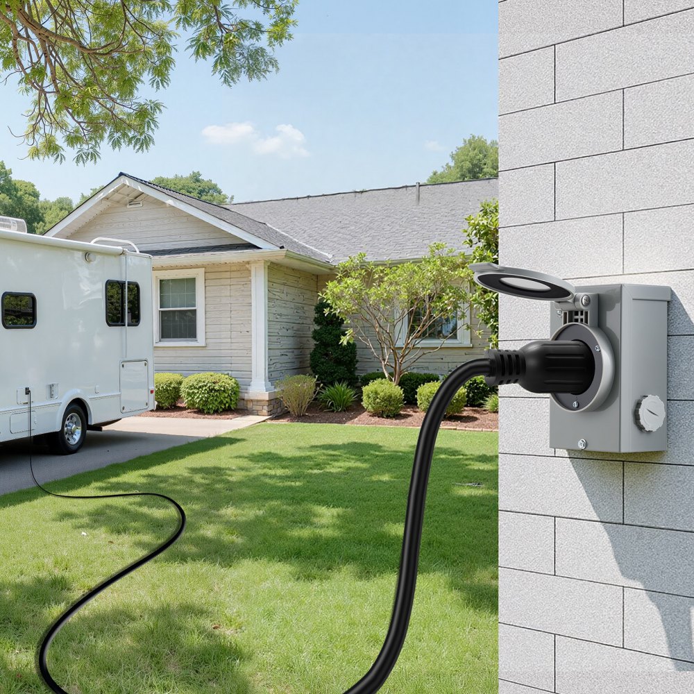 VEVOR 30 Amp Generator Cord and Power Inlet Box, 100 FT, 125/250V NEMA L14-30P to L14-30R Heavy Duty Extension Power Cord, SJTW 10AWG 7500W, Pre-Drilled Inlet Box, for Generator to House, ETL Listed