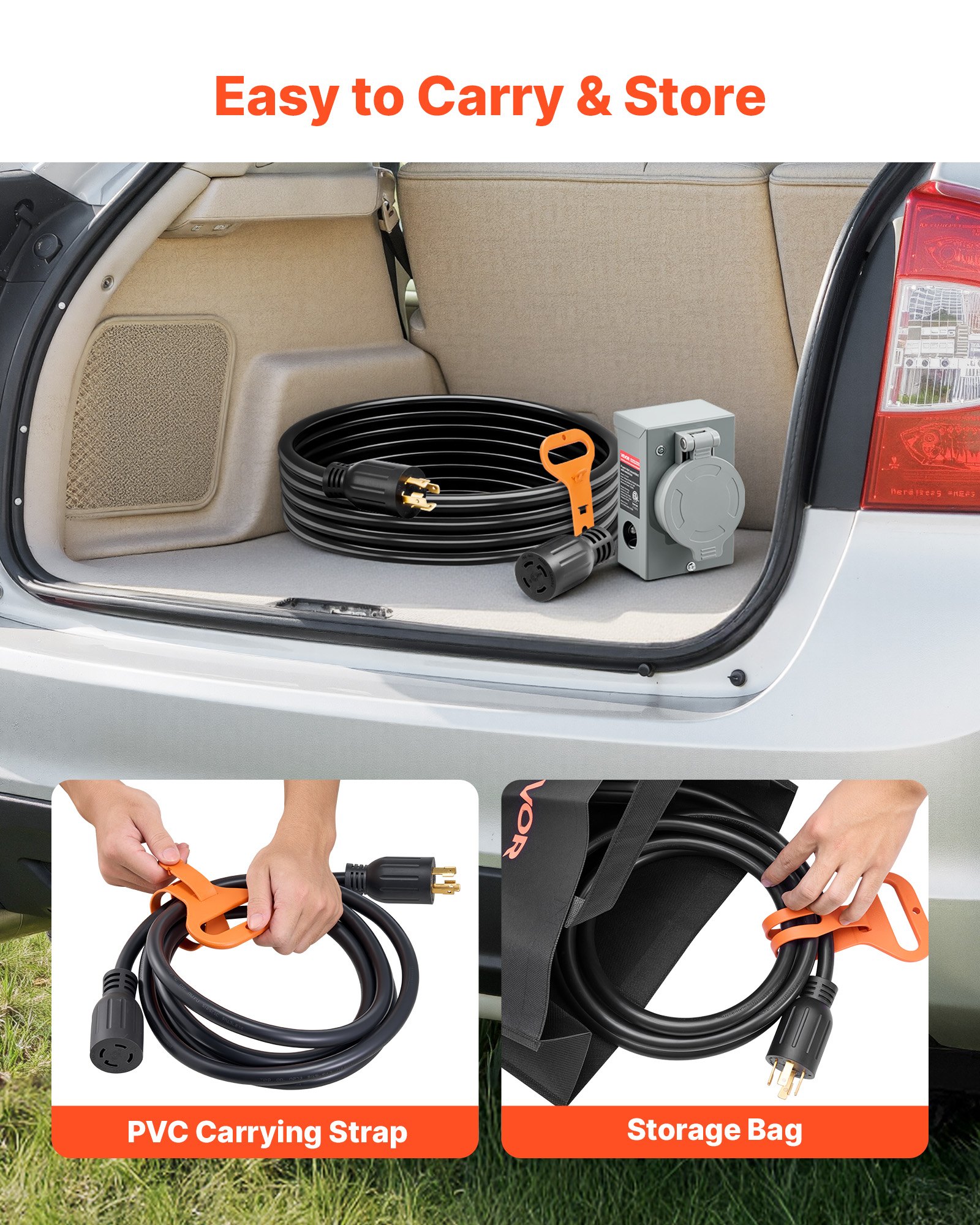 VEVOR 30 Amp Generator Cord and Power Inlet Box, 100 FT, 125/250V NEMA L14-30P to L14-30R Heavy Duty Extension Power Cord, SJTW 10AWG 7500W, Pre-Drilled Inlet Box, for Generator to House, ETL Listed