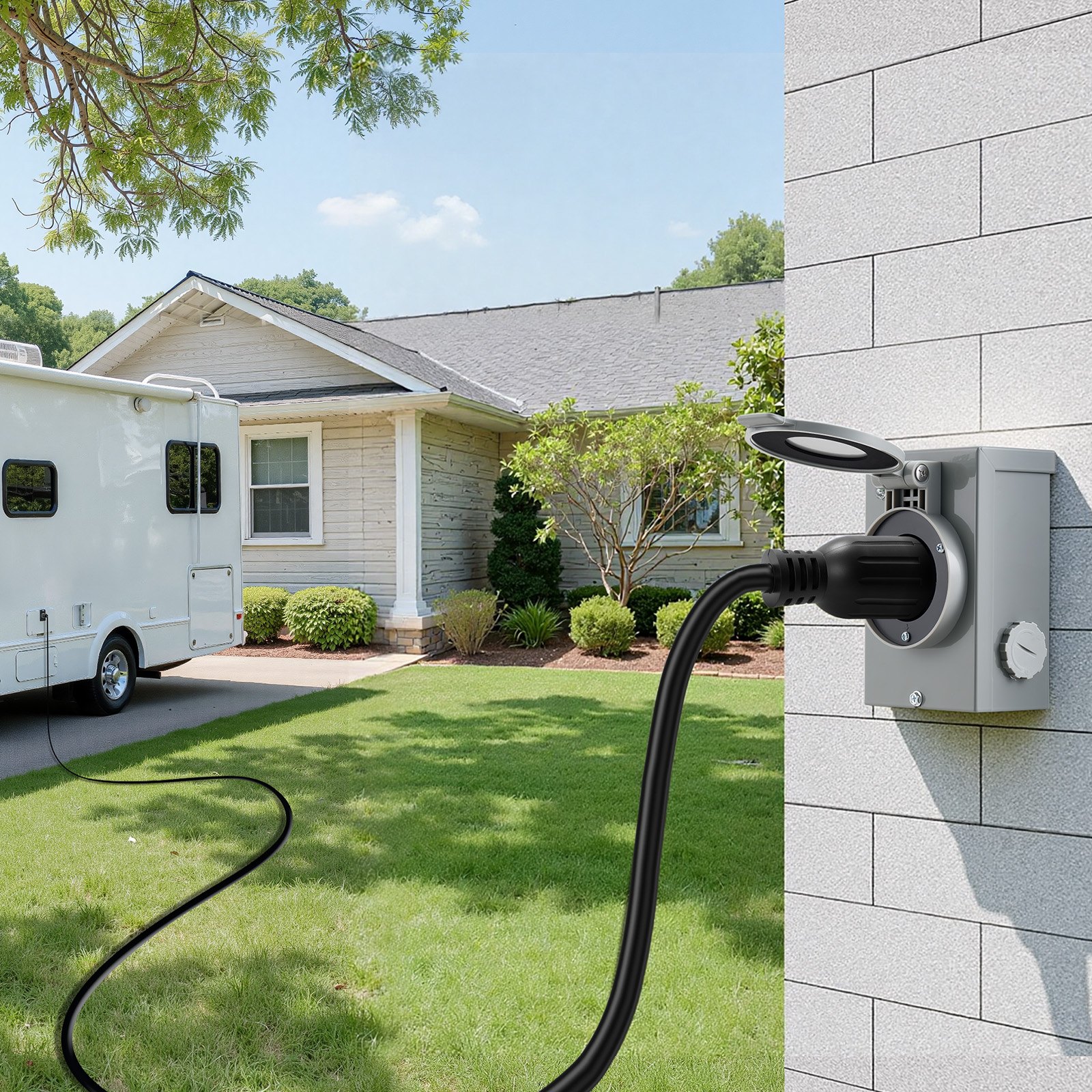 VEVOR 30 Amp Generator Cord and Power Inlet Box, 100 FT, 125/250V NEMA L14-30P to L14-30R Heavy Duty Extension Power Cord, SJTW 10AWG 7500W, Pre-Drilled Inlet Box, for Generator to House, ETL Listed