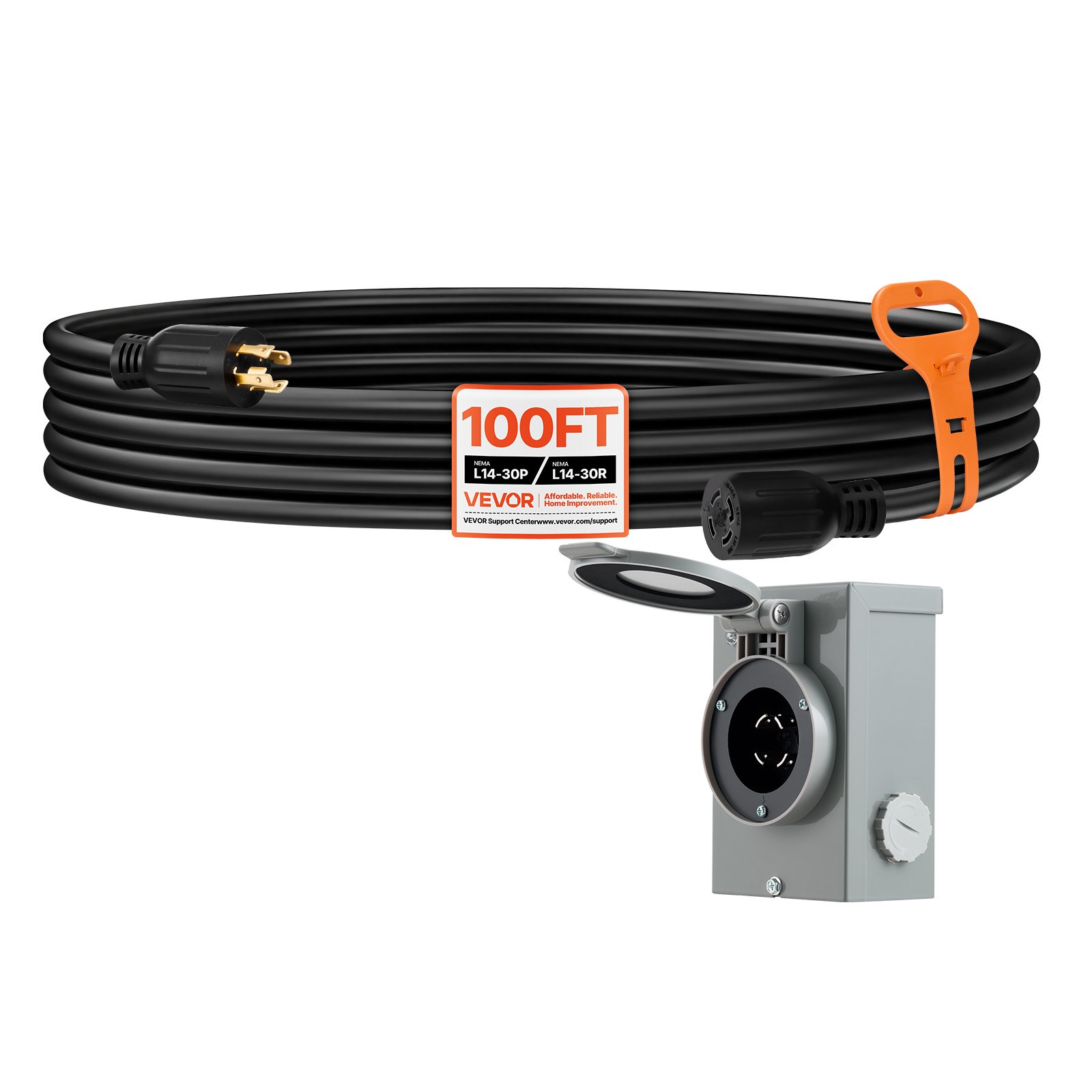 VEVOR 30 Amp Generator Cord and Power Inlet Box, 100 FT, 125/250V NEMA L14-30P to L14-30R Heavy Duty Extension Power Cord, SJTW 10AWG 7500W, Pre-Drilled Inlet Box, for Generator to House, ETL Listed