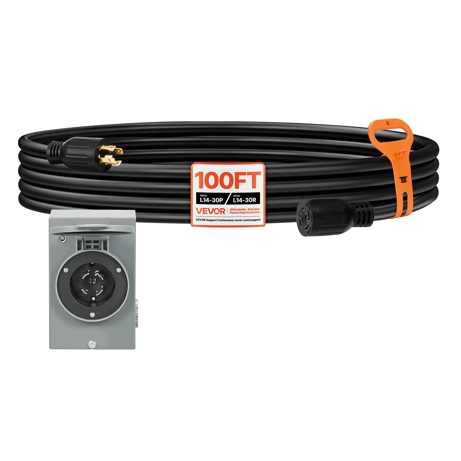 VEVOR 30 Amp Generator Cord and Power Inlet Box, 100 FT, 125/250V NEMA L14-30P to L14-30R Heavy Duty Extension Power Cord, SJTW 10AWG 7500W, Pre-Drilled Inlet Box, for Generator to House, ETL Listed