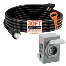 VEVOR 50 Amp Generator Cord and Power Inlet Box, 30FT, 125V/250V STW 6/3 + 8/1 AWG Extension Power Cord, NEMA 14-50P to SS2-50R, Twist Lock Connector, Inlet Box Kit, for Generator to House, ETL Listed