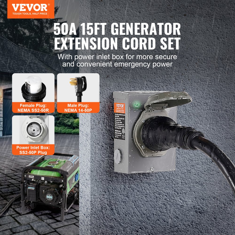 VEVOR 50 Amp Generator Cord and Power Inlet Box Kit, 15FT, NEMA 14-50P/SS2-50R STW 6/3+8/1 AWG Generator Power Cord with Twist Lock Connector, Pre-Drilled Inlet Box for Generator to House, ETL Listed