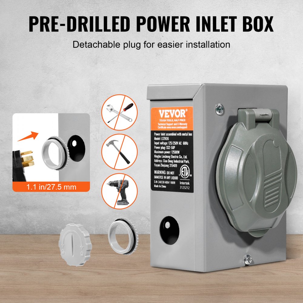 VEVOR 50 Amp Generator Cord and Power Inlet Box Kit, 15FT, NEMA 14-50P/SS2-50R STW 6/3+8/1 AWG Generator Power Cord with Twist Lock Connector, Pre-Drilled Inlet Box for Generator to House, ETL Listed