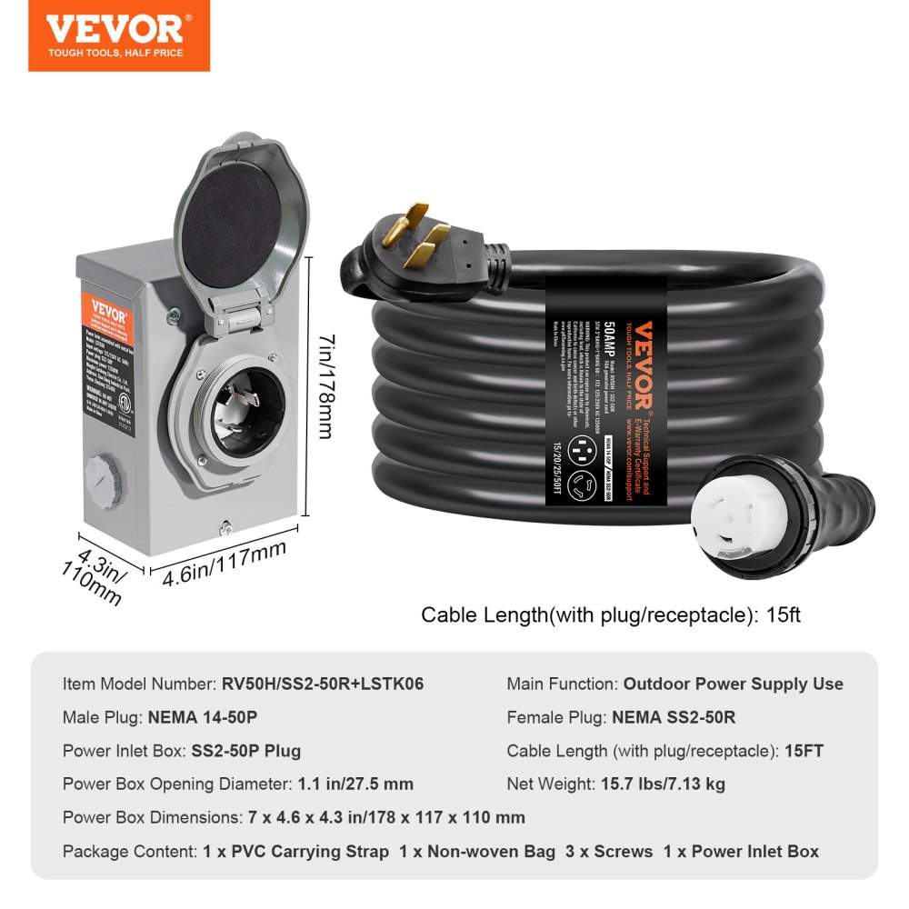 VEVOR 50 Amp Generator Cord and Power Inlet Box Kit, 15FT, NEMA 14-50P/SS2-50R STW 6/3+8/1 AWG Generator Power Cord with Twist Lock Connector, Pre-Drilled Inlet Box for Generator to House, ETL Listed