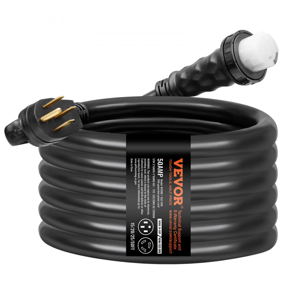 VEVOR 50 Amp Generator Cord and Power Inlet Box Kit, 15FT, NEMA 14-50P/SS2-50R STW 6/3+8/1 AWG Generator Power Cord with Twist Lock Connector, Pre-Drilled Inlet Box for Generator to House, ETL Listed