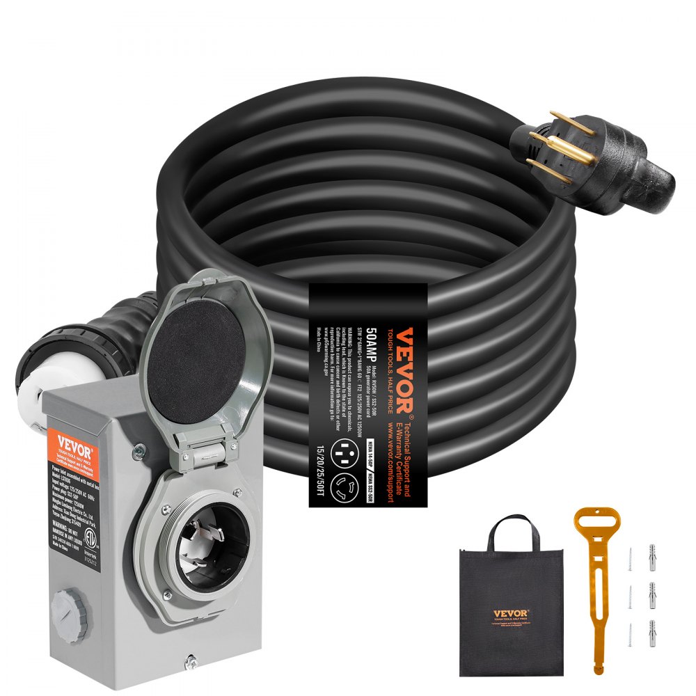 VEVOR 50 Amp Generator Cord and Power Inlet Box Kit, 15FT, NEMA 14-50P/SS2-50R STW 6/3+8/1 AWG Generator Power Cord with Twist Lock Connector, Pre-Drilled Inlet Box for Generator to House, ETL Listed