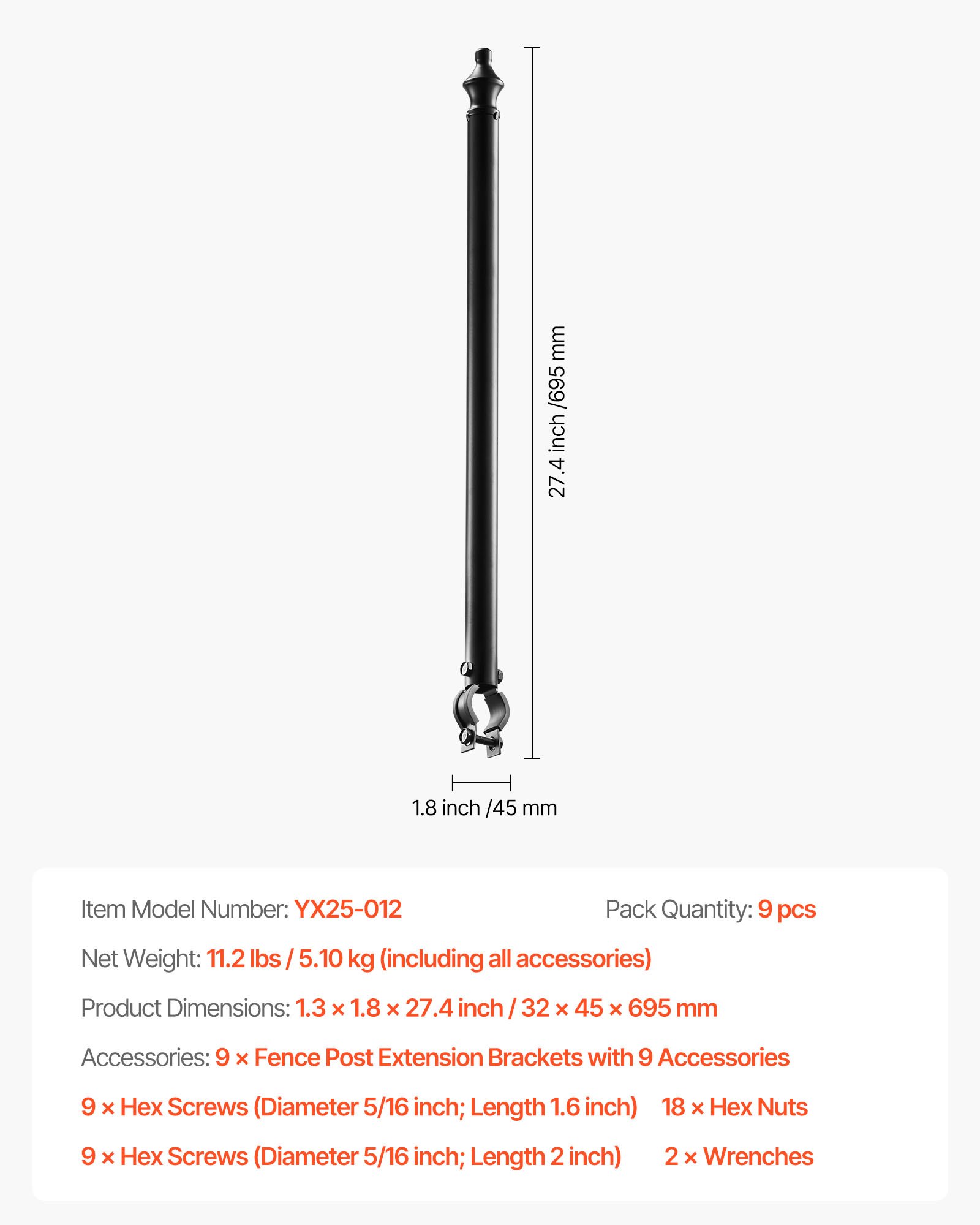 VEVOR Chain Link Fence Extensions, 9 Packs 695 mm Extension Height, Galvanized Post Extender for 32 to 38 mm Top of Fence, U Bracket, Barbed Wire Extend Arm for Privacy, Prevent Dogs Jumping Out