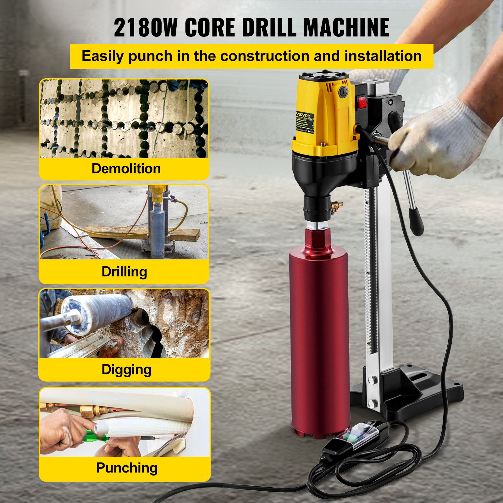 VEVOR 6 Inch/160MM Diamond Core Drilling Machine 2180W Diamond Core Drill Rig with Stand and Drill Bits,Wet Dry Core Drill Rig for Diamond Concrete Drilling Boring (Drill Bit Diameter: 4.25'/108MM)