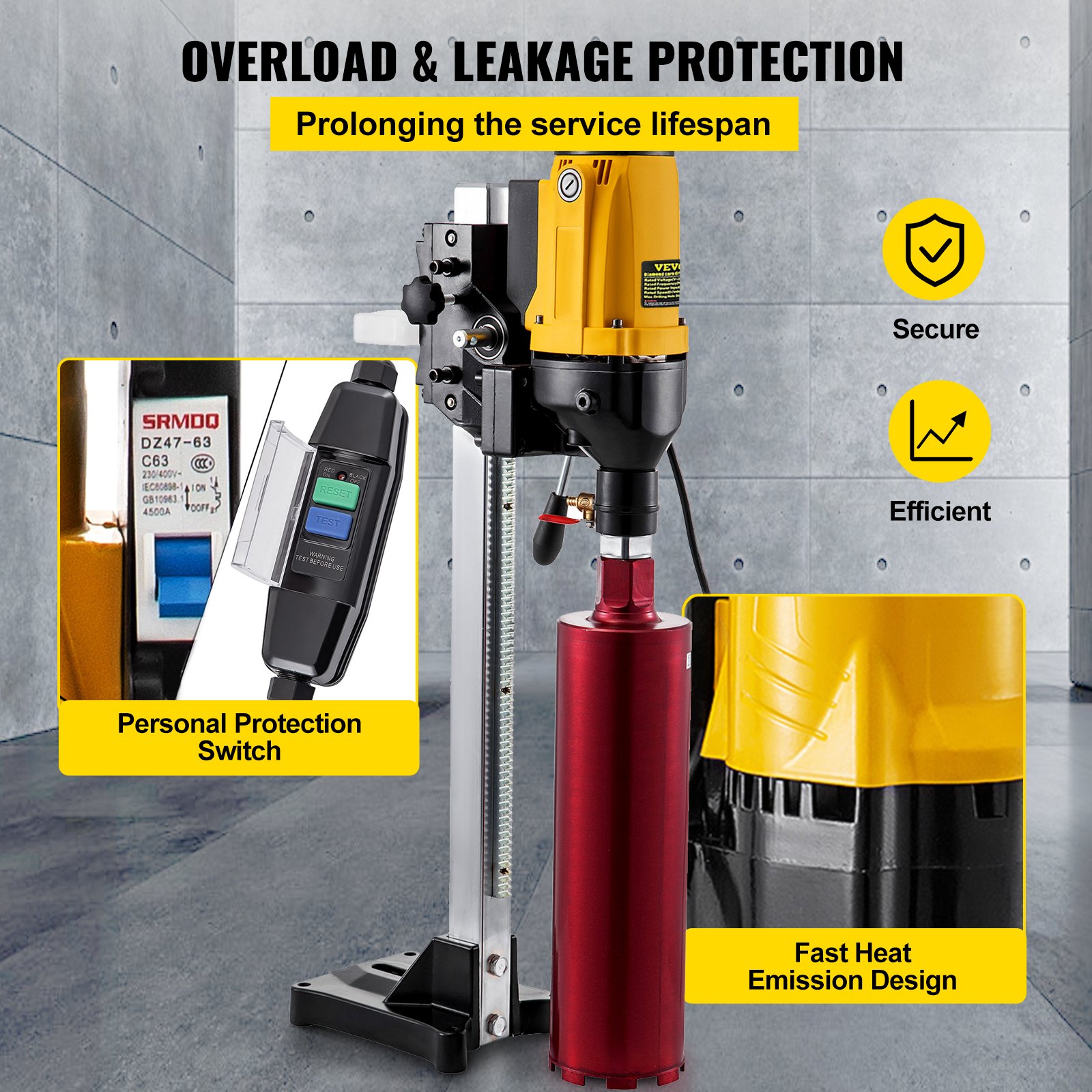 VEVOR Diamond Coring Machine, 2180W Concrete Core Machine, 1600RPM Core Drilling Machine, Max. Hole Diam 6.3in Diamond Drill, Diamond Core Drill w/ 4.25 inch Drill Bit, Reinforced Concrete Core Drills