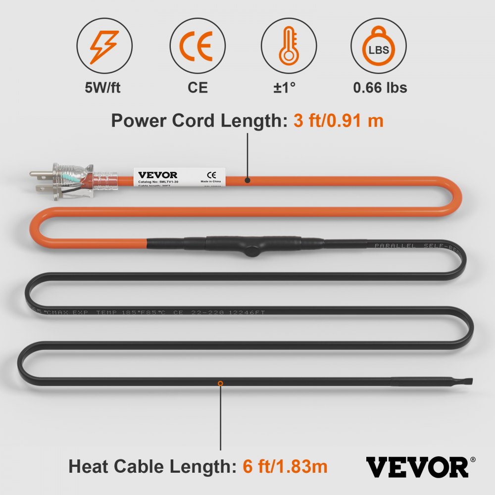 VEVOR Self-Regulating Pipe Heating Cable, 6-feet 5W/ft Heat Tape for Pipes Freeze Protection, Protects PVC Hose, Metal and Plastic Pipe from Freezing, 120V