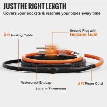 VEVOR Self-Regulating Pipe Heating Cable, 6-feet 5W/ft Heat Tape for Pipes Freeze Protection, Protects PVC Hose, Metal and Plastic Pipe from Freezing, 120V
