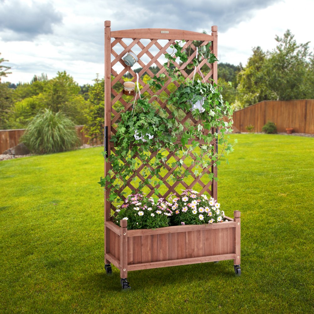 VEVOR Raised Garden Bed with Trellis, 30" x 13" x 61.4" Outdoor Raised Wood Planters with Drainage Holes, Free-Standing Trellis Planter Box for Vine Climbing Plants Flowers in Garden, Patio, Balcony