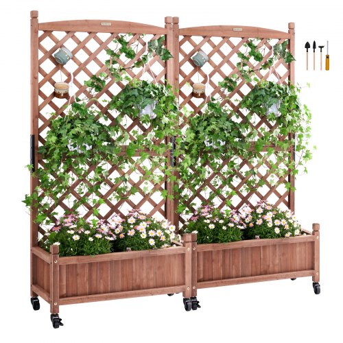 VEVOR 2PCS Raised Garden Bed with Trellis, 60"x13"x61.4" Outdoor Raised Wood Planters with Drainage Holes, Free-Standing Trellis Planter Box for Vine Climbing Plants Flowers in Garden, Patio, Balcony