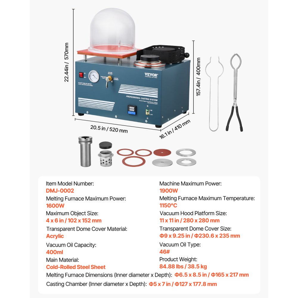 VEVOR Vacuum Investing Casting Machine with Melting Furnace, Convenient Oil Injection Port, Precision Pressure Gauge, All-in-One Machine for Casting Jewelry and Melting Scrap, Silver, Gold, Copper
