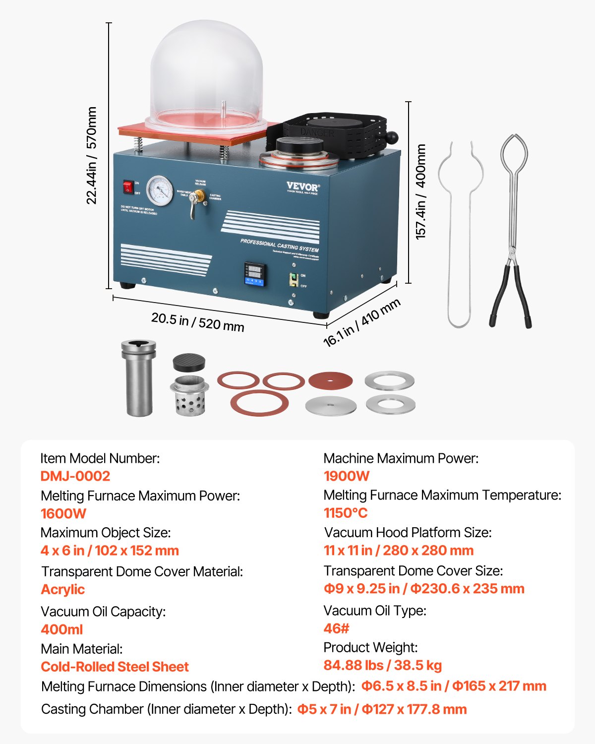 VEVOR Vacuum Investing Casting Machine with Melting Furnace, Convenient Oil Injection Port, Precision Pressure Gauge, All-in-One Machine for Casting Jewelry and Melting Scrap, Silver, Gold, Copper