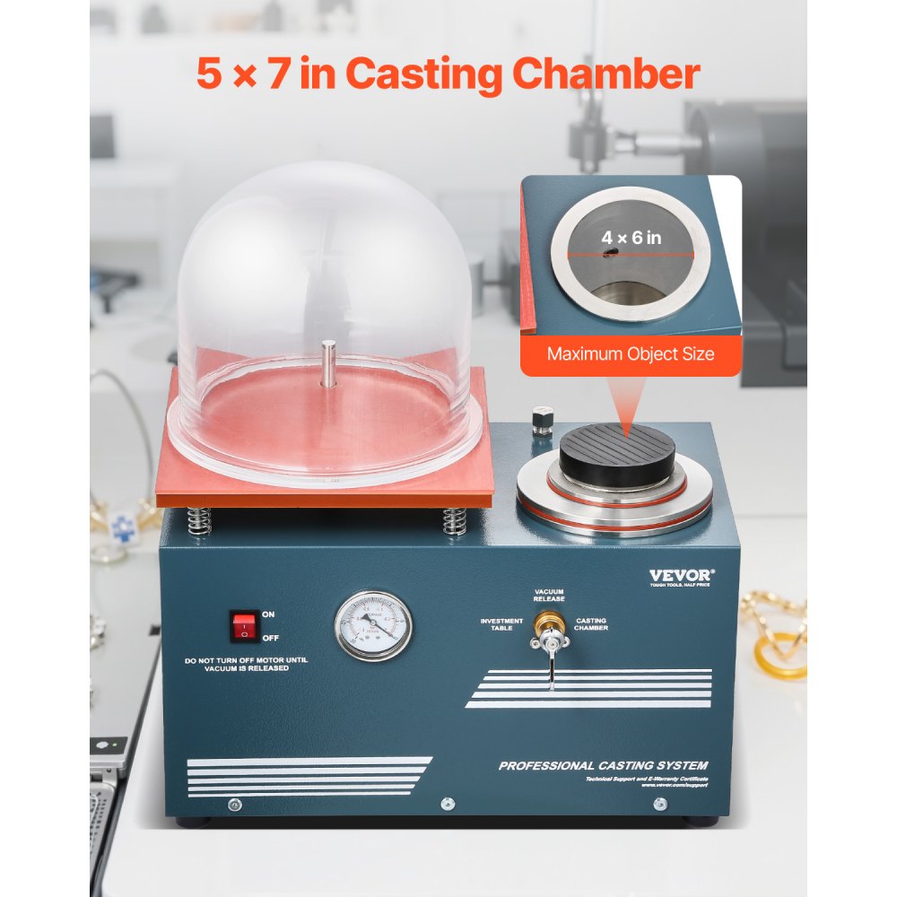 VEVOR Vacuum Investing Casting Machine, 290W Power, with 3 CFM Pump and Bell Jar, Convenient Oil Injection Port, Precision Pressure Gauge, 280x280 mm Workbench, Casting Machine for Jewelry and Metal