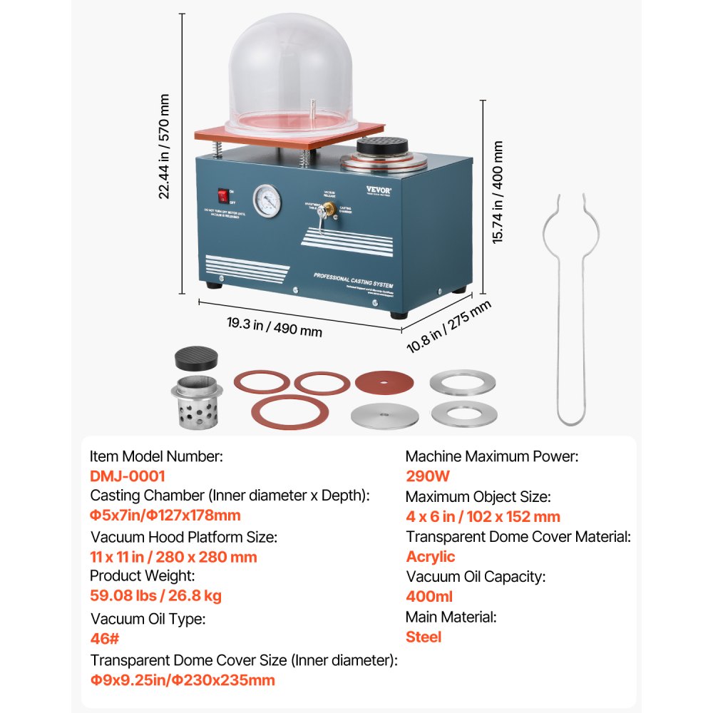 VEVOR Vacuum Investing Casting Machine, 290W Power, with 3 CFM Pump and Bell Jar, Convenient Oil Injection Port, Precision Pressure Gauge, 280x280 mm Workbench, Casting Machine for Jewelry and Metal