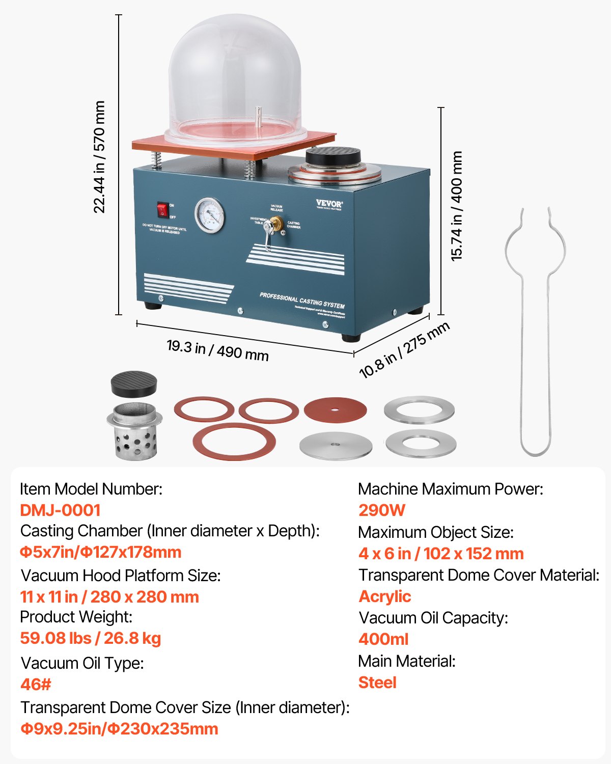 VEVOR Vacuum Investing Casting Machine, 290W Power, with 3 CFM Pump and Bell Jar, Convenient Oil Injection Port, Precision Pressure Gauge, 280x280 mm Workbench, Casting Machine for Jewelry and Metal