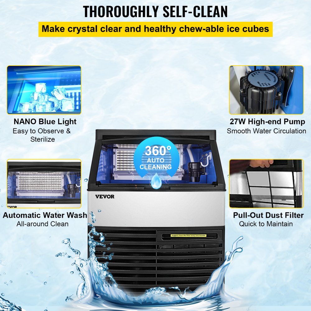 VEVOR 110V Commercial Ice Maker 265LBS/24H with 99lbs Storage Capacity Stainless Steel Commercial Ice Machine 90 Ice Cubes Per Plate Industrial Ice Maker Machine Auto Clean for Bar Home Supermarkets