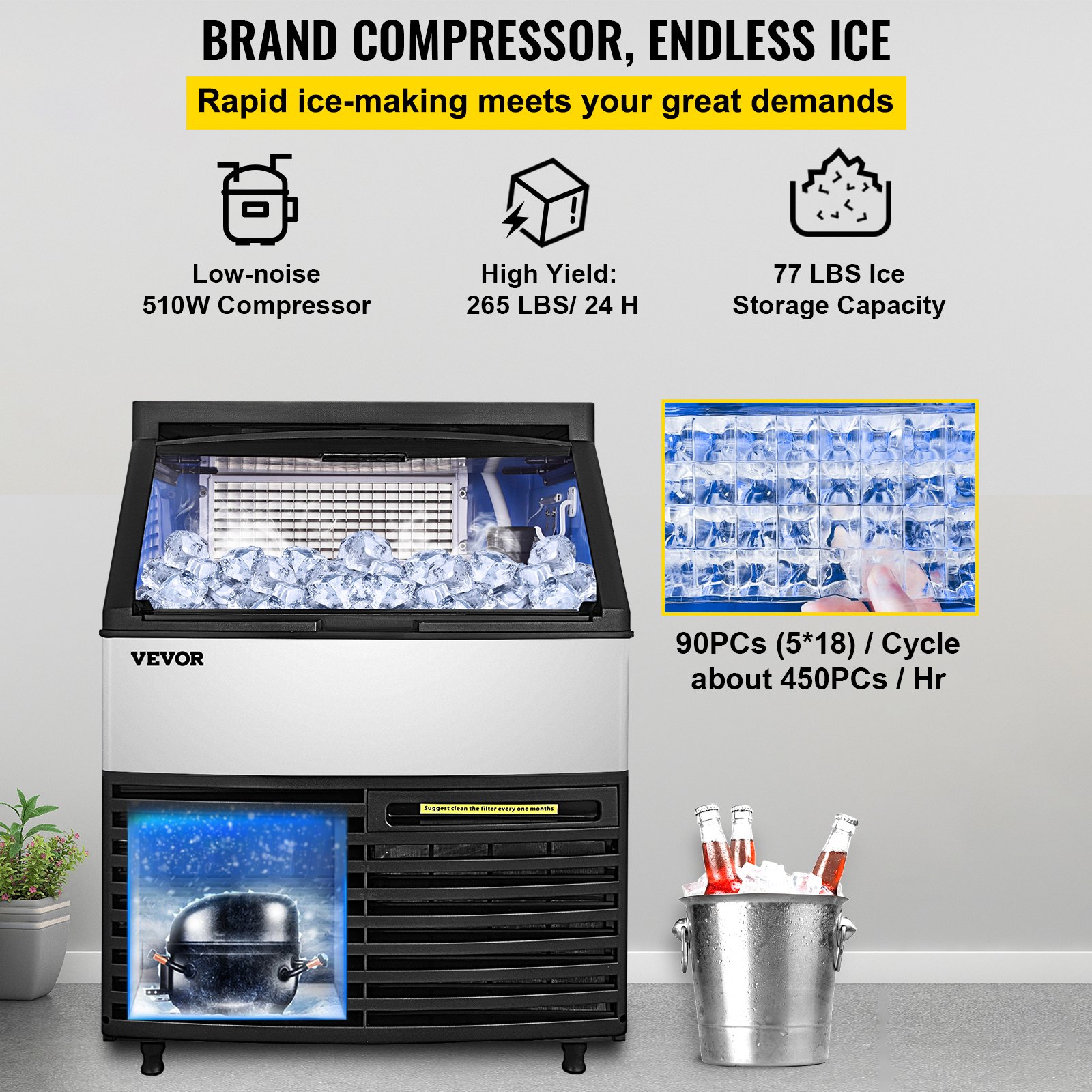 VEVOR 110V Commercial Ice Maker 265LBS/24H with 99lbs Storage Capacity Stainless Steel Commercial Ice Machine 90 Ice Cubes Per Plate Industrial Ice Maker Machine Auto Clean for Bar Home Supermarkets
