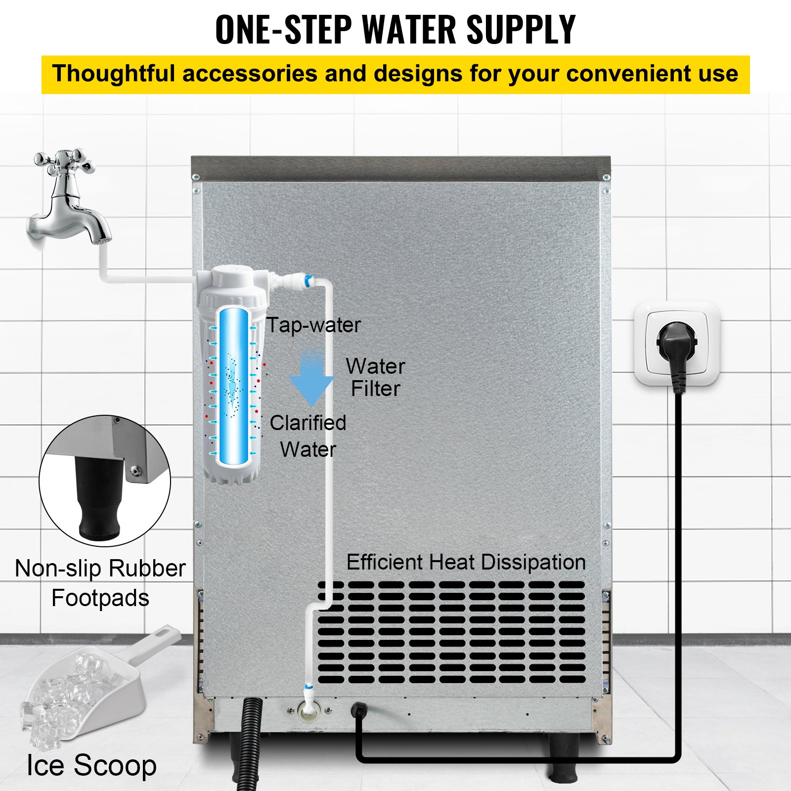 VEVOR 110V Commercial Ice Maker 265LBS/24H with 99lbs Storage Capacity Stainless Steel Commercial Ice Machine 90 Ice Cubes Per Plate Industrial Ice Maker Machine Auto Clean for Bar Home Supermarkets