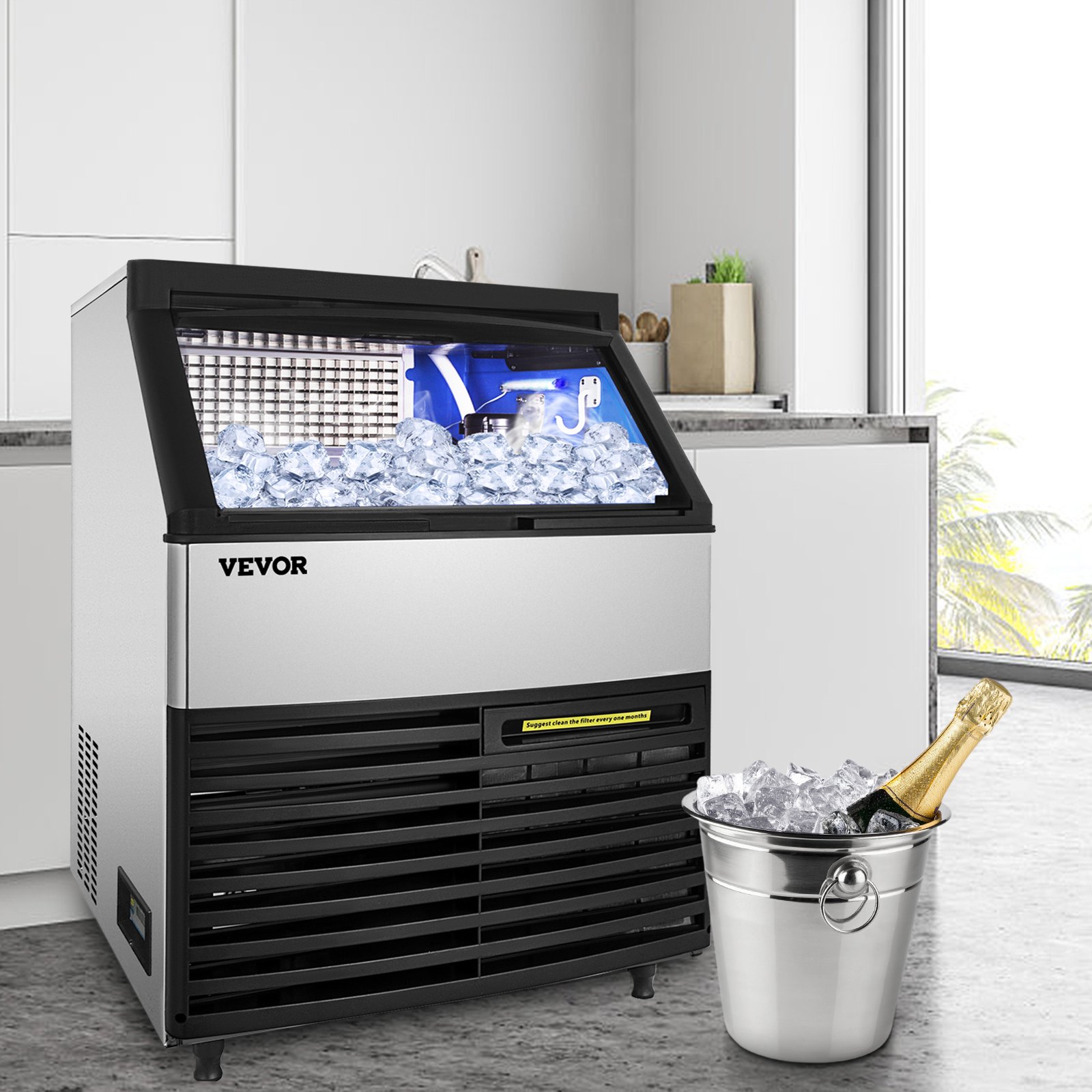 VEVOR 110V Commercial Ice Maker 265LBS/24H with 99lbs Storage Capacity Stainless Steel Commercial Ice Machine 90 Ice Cubes Per Plate Industrial Ice Maker Machine Auto Clean for Bar Home Supermarkets