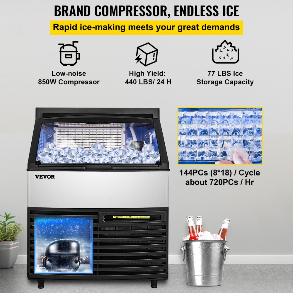 VEVOR 110V Commercial Ice Maker 440LBS/24H with 99LBS Storage Capacity  Commercial Ice Machine 144 Ice Cubes Per Plate Include Scoop and Connection