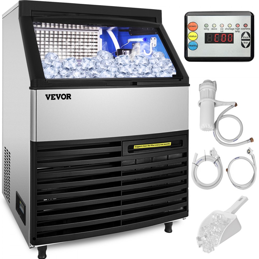 VEVOR 110V Commercial Ice Maker 440LBS/24H with 99LBS Storage Capacity Commercial Ice Machine 144 Ice Cubes Per Plate Include Scoop and Connection Hoses Auto Clean for Bar Home Supermarkets Restaurant