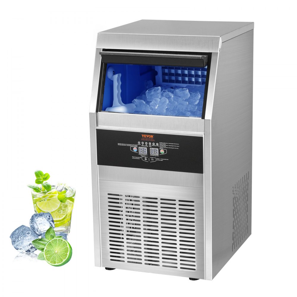 VEVOR commercial ice maker with ice cubes and refreshing drink beside it.