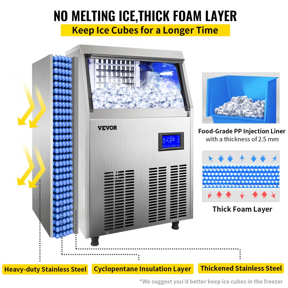 VEVOR Máquina de hielo comercial de 110 V, 110 libras en 24 horas con bomba de drenaje de agua, almacenamiento de 33 libras, máquina de hielo comercial de acero inoxidable, bandeja de hielo 4x8, control LCD, limpieza automática para bar, hogar, supermercados