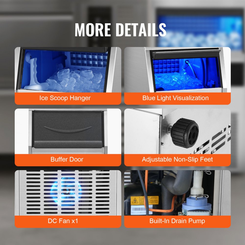 VEVOR Commercial Ice Maker Machine, 132 lbs/24h Stainless Steel Under Counter Ice Machine with 39 lbs Storage & LED Panel, Water Filter/Scoop Included, Making Clear Cube for Bar Office Coffee Shop