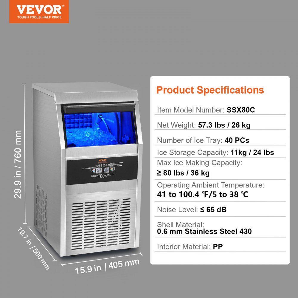 Commercial Ice Maker 110-120LBS/24H with 33LBS Bin 110v, Full Heavy Duty Stainless Steel Construction, Automatic Operation, Clear Cube for Home Bar, Include Water Filter, Scoop, Connection Hose