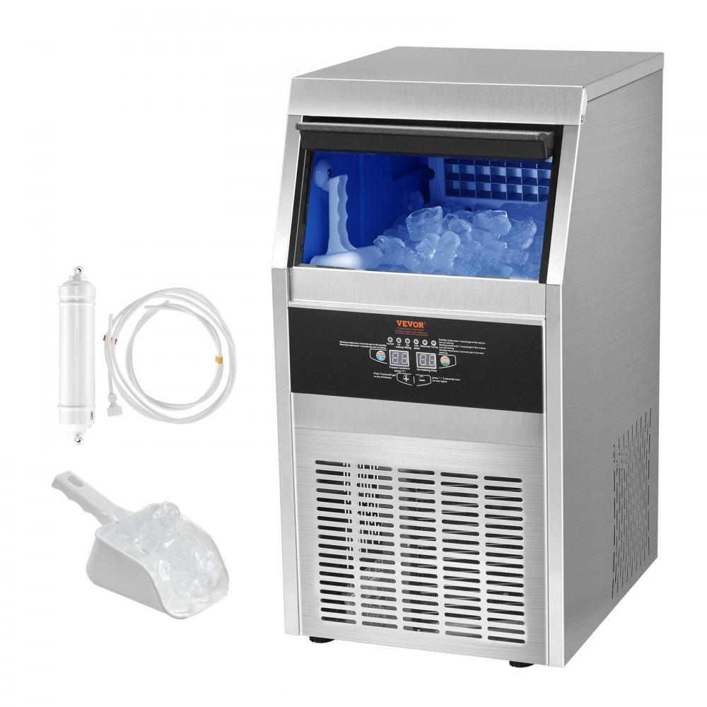 Commercial Ice Maker 110-120LBS/24H with 33LBS Bin 110v, Full Heavy Duty Stainless Steel Construction, Automatic Operation, Clear Cube for Home Bar, Include Water Filter, Scoop, Connection Hose