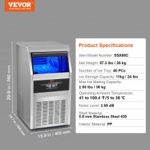 VEVOR 110V Commercial Ice Maker 110LBS/24H with 24lbs Storage Capacity Stainless Steel Commercial Ice Machine 40 Ice Cubes Per Plate Industrial Ice Maker Machine Auto Clean for Bar Home Supermarkets
