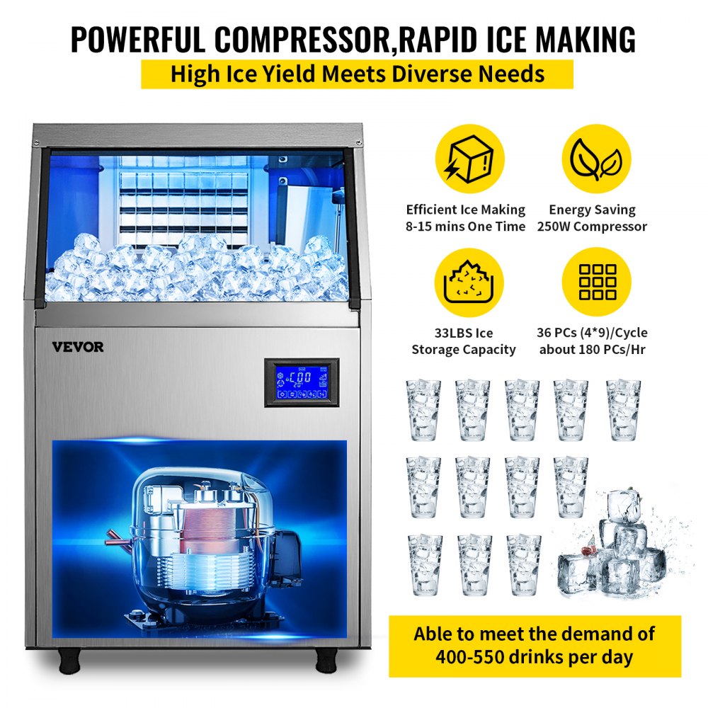 VEVOR 110V Commercial ice Maker Machine 90-100LBS/24H Stainless Steel Under Counter Ice Machine with 33LBS Bin for Home Bar, Electric Water Drain Pump,Water Filter,Scoops,Connection Hose Included