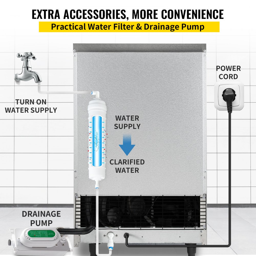 VEVOR 110V Commercial ice Maker Machine 90-100LBS/24H Stainless Steel Under Counter Ice Machine with 33LBS Bin for Home Bar, Electric Water Drain Pump,Water Filter,Scoops,Connection Hose Included