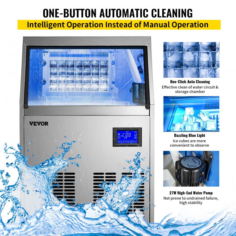 VEVOR Commercial Ice Maker 220V Stainless Steel Ice Cube Maker Machine 110LBS/24H Ice Making Machine Intelligent LCD Control Panel with Water Drain Pump for Home Bars Restaurants