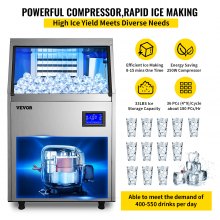 VEVOR Kereskedelmi jégkészítő 220 V rozsdamentes acél jégkocka készítő gép 110LBS/24H jégkockakészítő gép Intelligens LCD vezérlőpanel vízleeresztő szivattyúval otthoni bárok éttermeihez